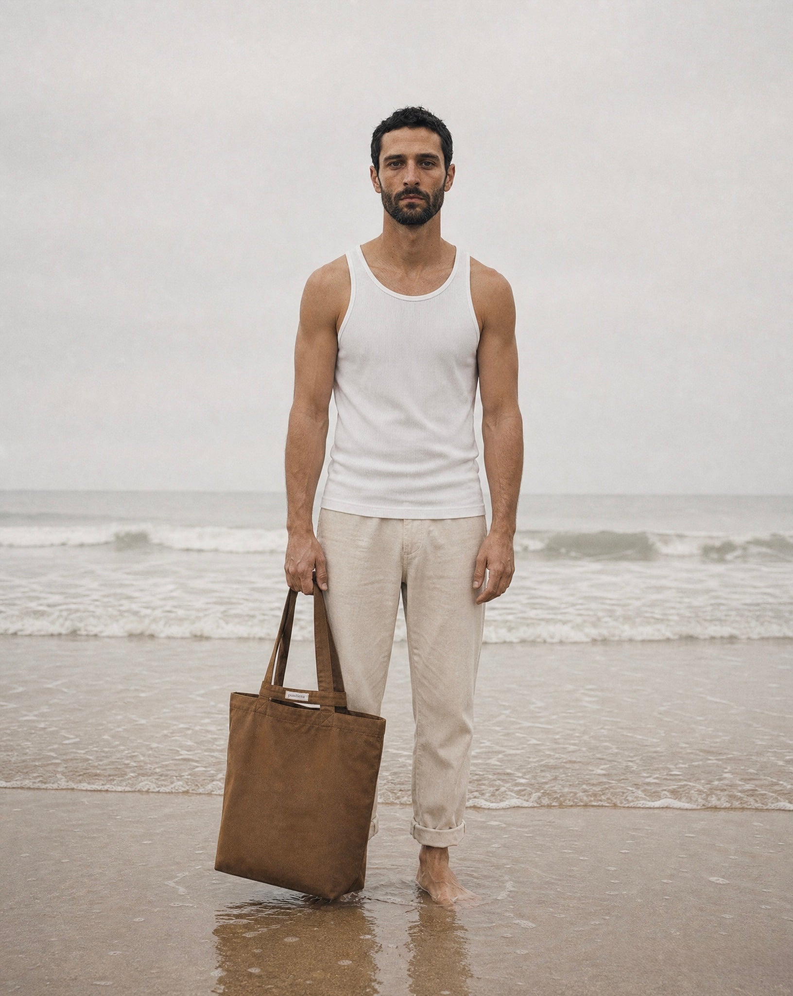 Man holding a brown bag on a beach with ocean in the background