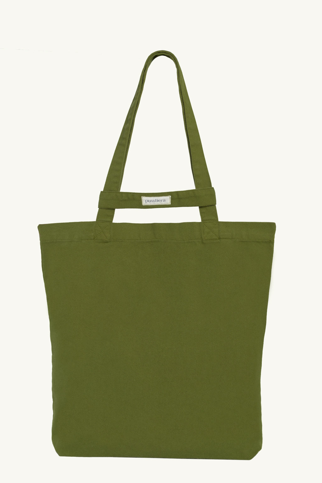 pusstiera tote bag An elegant sustainable cotton canvas tote bag, eco-friendly, premium Swedish design with Scandinavian quality, made in Europe, in limited edition numbered bags. Avocado color with four utility loops and a stabilizing strap