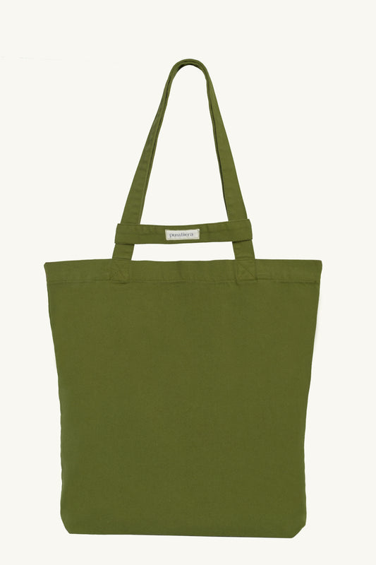 pusstiera tote bag An elegant sustainable cotton canvas tote bag, eco-friendly, premium Swedish design with Scandinavian quality, made in Europe, in limited edition numbered bags. Avocado color with four utility loops and a stabilizing strap