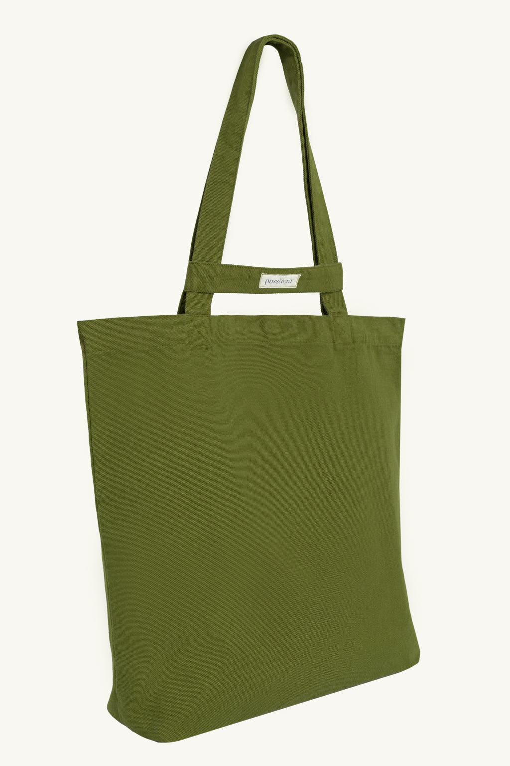 pusstiera tote bag An elegant sustainable cotton canvas tote bag, eco-friendly, premium Swedish design with Scandinavian quality, made in Europe, in limited edition numbered bags. Avocado color with four utility loops and a stabilizing strap