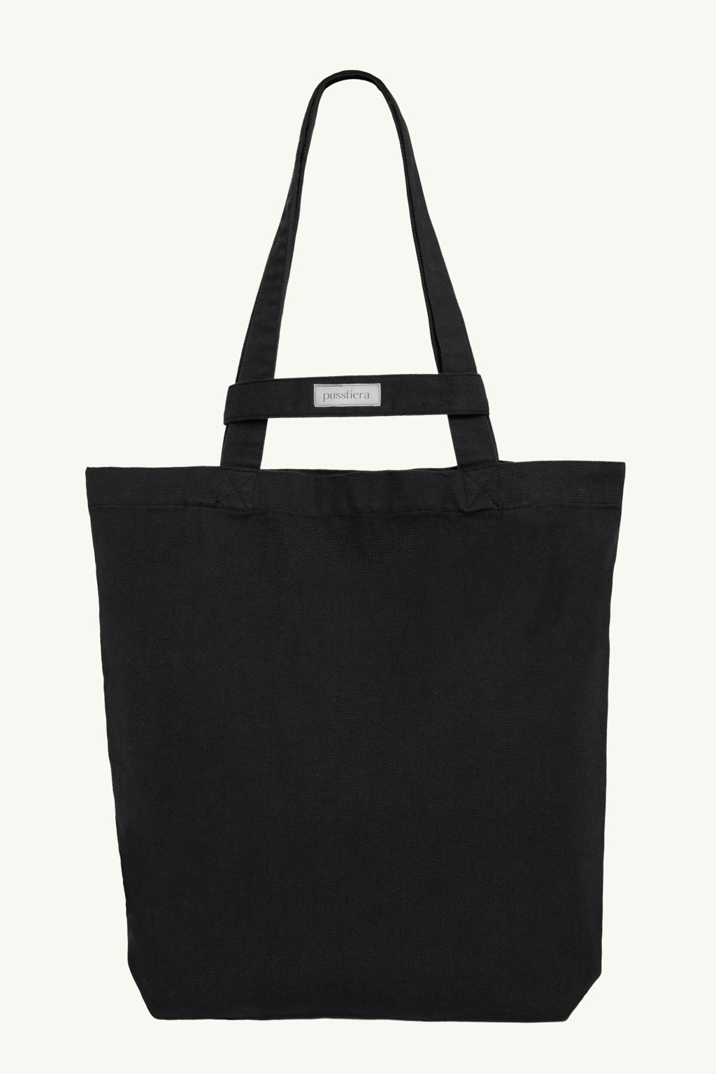 pusstiera tote bag An elegant sustainable cotton canvas tote bag, eco-friendly, premium Swedish design with Scandinavian quality, made in Europe, in limited edition numbered bags. Black caviar color with four utility loops and a stabilizing strap