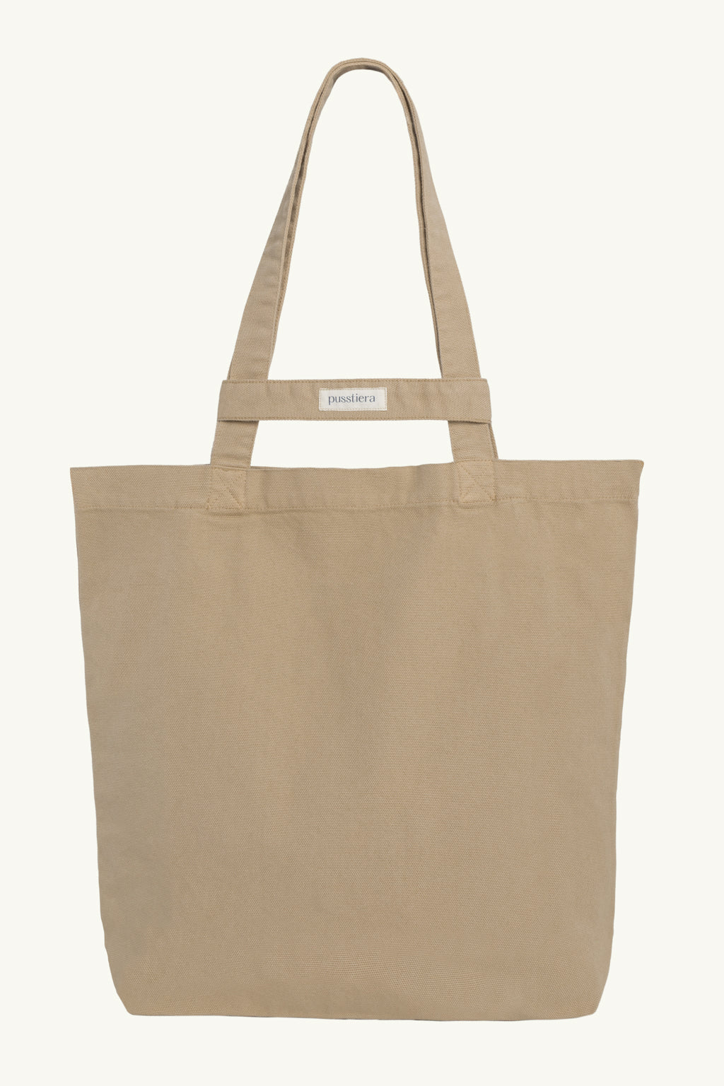 pusstiera tote bag An elegant sustainable cotton canvas tote bag, eco-friendly, premium Swedish design with Scandinavian quality, made in Europe, in limited edition numbered bags. Warm taupe color with four utility loops and a stabilizing strap