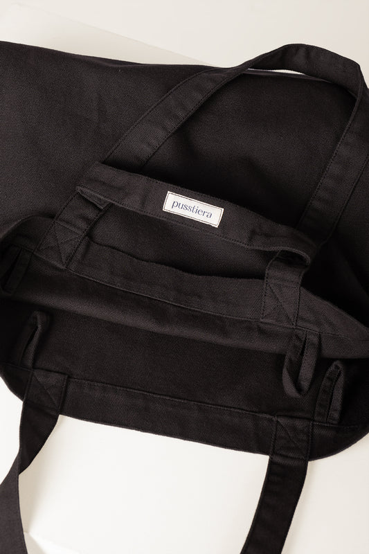 heavy cotton tote bag pusstiera color black caviar four loops