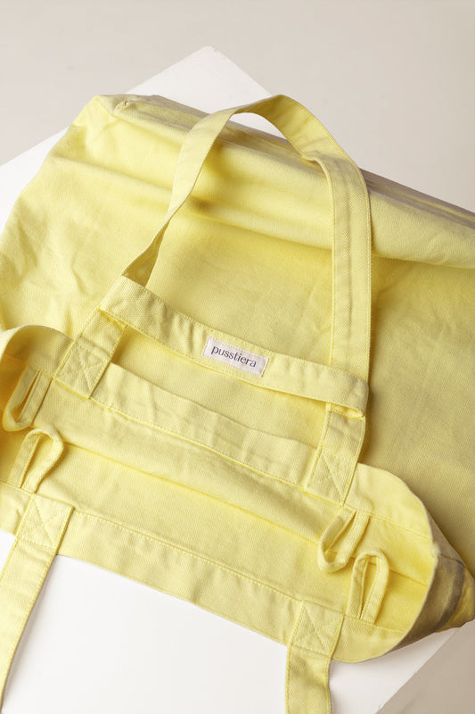 heavy cotton tote bag pusstiera color custard featuring four loops